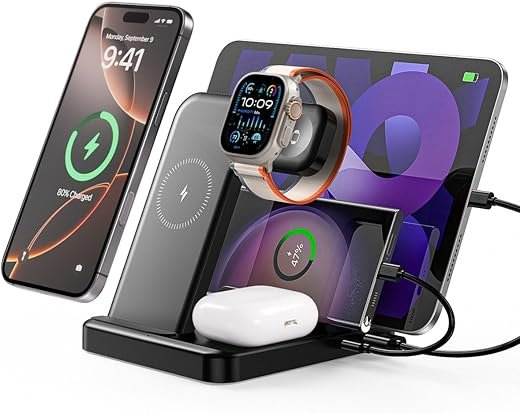 Multiple Devices Charging Station, 5-in-1 Charging Station for iPhone 16e/16 Pro Max/Pro/Plus/15/14/13/12, iPad Pro/Air/Mini, Apple Watch and Airpods,Wireless Charging Dock(G805, Black)