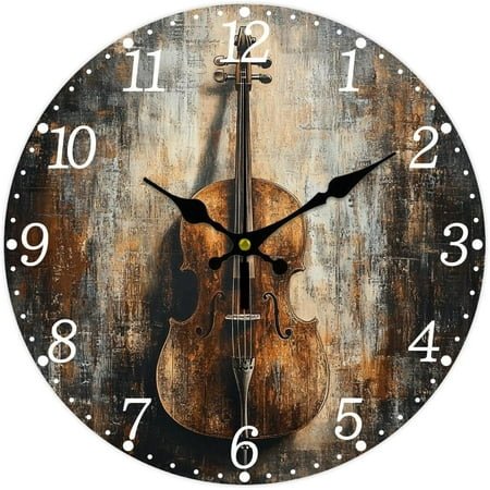 Musical Instruments Wall Clock Cello Non-Ticking Clock 12 Inch Round Decorative Clocks Printed Wall Clock for Home Office Decoration