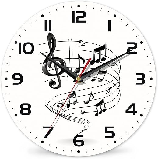Music Notes Wall Clocks Wooden Wall Clock Art Hanging Clocks Silent Non-Ticking Wall Clock Battery Operated Round Home Arabic Numeral Decorative Wall Clocks 10 Inch