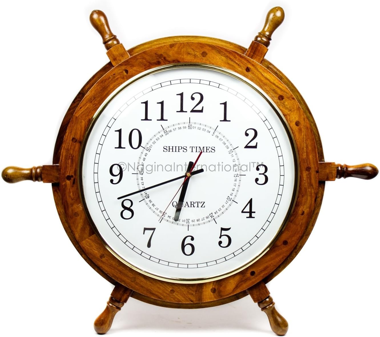 Nagina International Nautical Moon Light Blue Large Wooden Ship Wheel with Ship's Time Captain's Clock - Pirate Home Decorative Clock (16 Inches, White Dial Face)