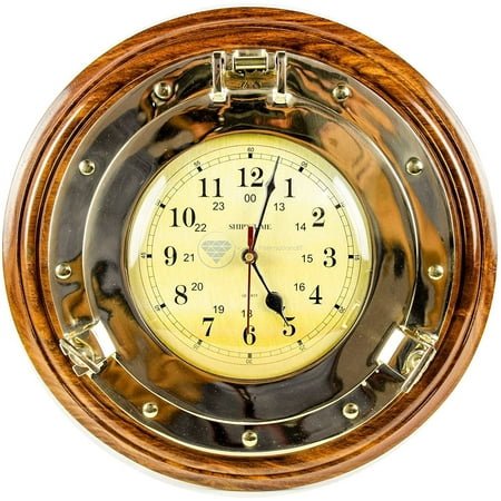 Nagina International Solid Brass Nautical Porthole Time's Wall Clock On Exclusive Selected Rosewood Base | Premier Elite Wall Decor Gifts & Accessories (14 Inches)