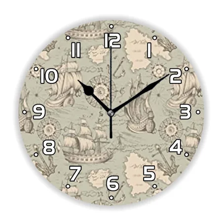 Nautical Ancient Pirate Treasure Map Wall Clock Living Room Old Caribbean Sea Ocean Map Ktichen Bedroom Wall Watch Home Decor(10 Inch)