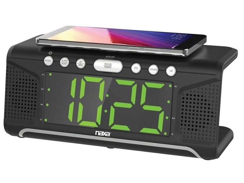 Naxa NRC-190 Dual Alarm Clock +Qi/USB Cell Phone Wireless Charging Function +FM