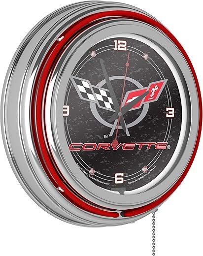 Neon Clock - Retro Corvette C5 Black Analog Wall Clock with Pull Chain - for Kitchen, Garage, Game Room, or Home Bar by Trademark Gameroom