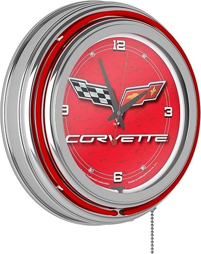 Neon Clock - Retro Corvette C6 Red Analog Wall Clock with Pull Chain - for Kitchen, Garage, Game Room, or Home Bar by Trademark Gameroom