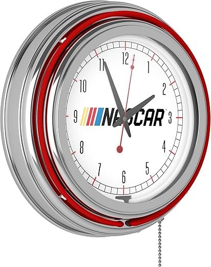 Neon Clock - Retro NASCAR Logo Analog Wall Clock with Pull Chain - For Kitchen, Garage, Game Room, or Home Bar by Trademark Gameroom
