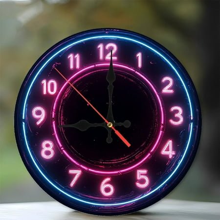 Neon Clock Wall Decor Pink Blue Light 12-Inch Silent Wooden Wall Clock, Battery Operated (AA Batteries Not Included), Artistic Home Decor