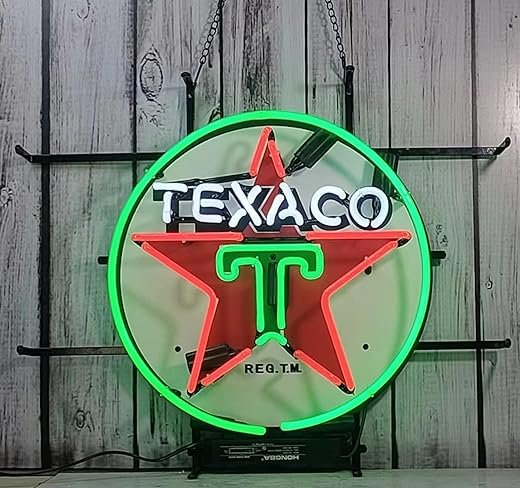 Neon Signs for Wall Decor Beer Bar 24inX20in Texaco Gasoline Motor Oil Gas Station Sign Light Lamp Hd Vivid Printing Tech Beer Pub Bar Handmade Man Cave Neon Glass Tubing