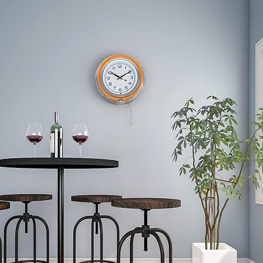 Neon Wall Clock- 14” Round, Double Light Ring, Dual Power, Analog Quartz Timepiece- Retro Decor for Bar, Garage & Game Room by Lavish Home (Orange)