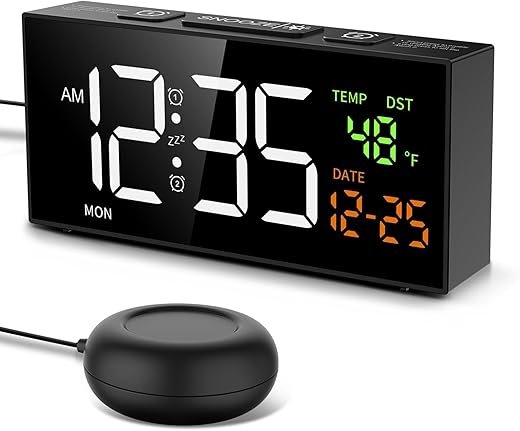 Netzu Vibrating Alarm Clock for Heavy Sleepers, Digital Alarm Clock with Bed Shaker, Temperature Date and Weekday, Manual DST, Snooze, 2 Alarms Bedside Plug-in Clock (Black)
