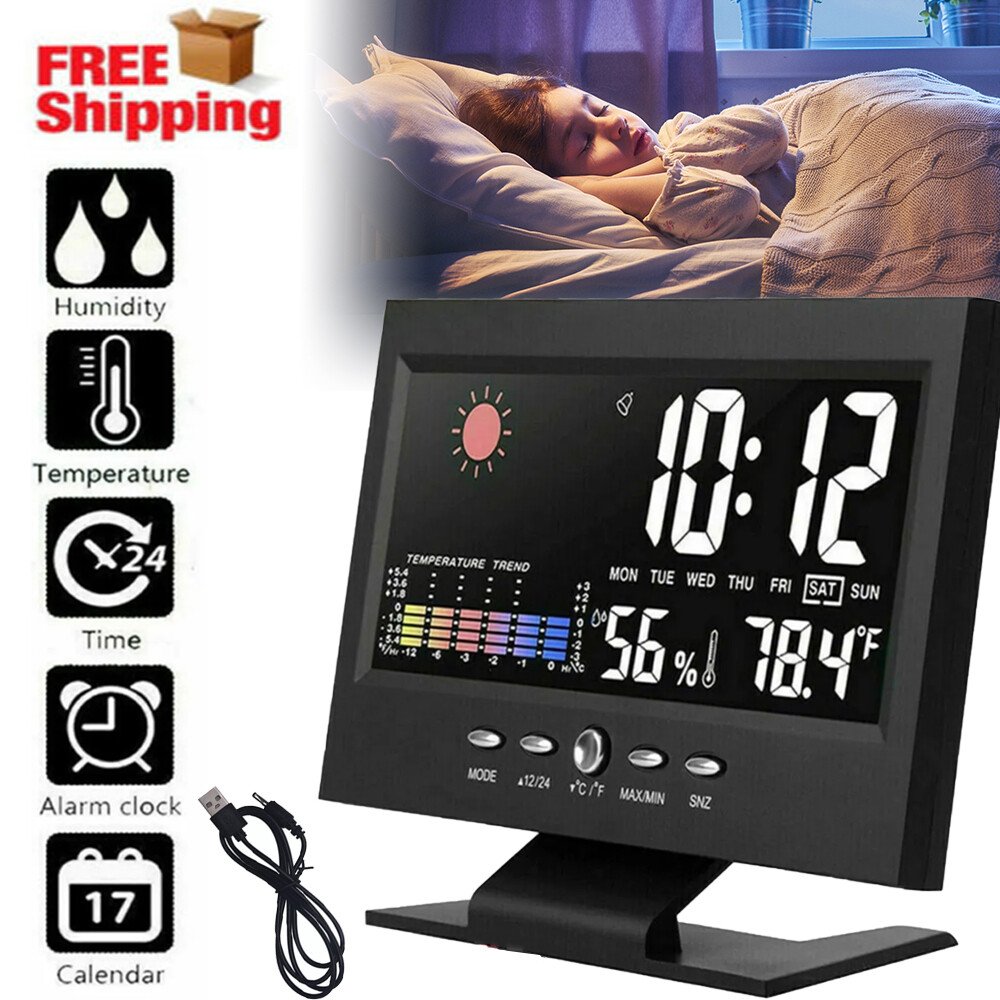 New Digital Alarm Clock Calendar Thermometer Hygrometer Weather Forecast US