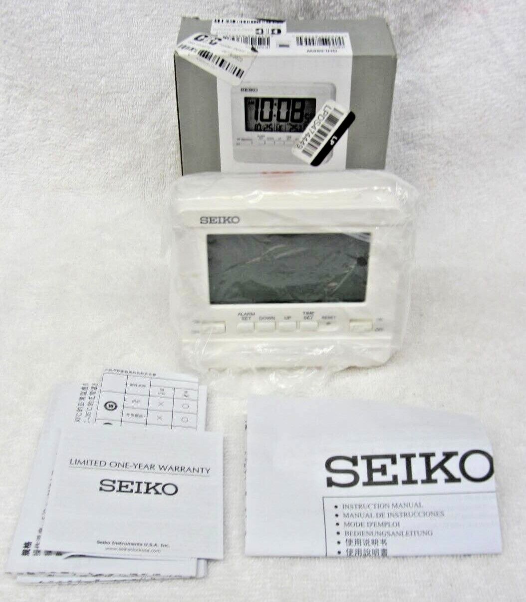 New Seiko LCD LED light Everything Bed Table Alarm Clock QHL086W White 3.5" NIB