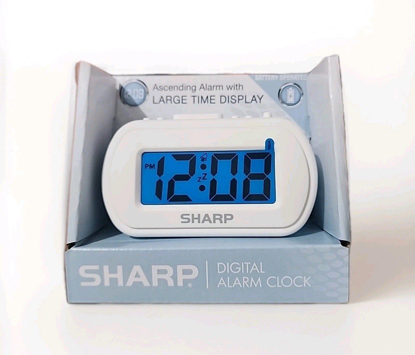 NEW Sharp Battery Alarm Clock Travel Digital 1" SPC483 White Case Blue Light