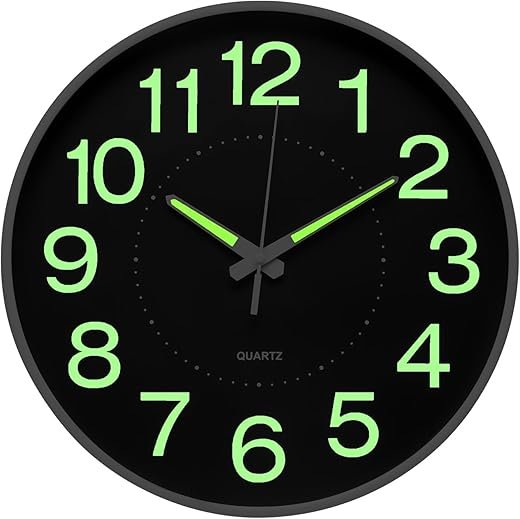 Night Light Wall Clock 12 Inch Non-Ticking Silent Luminous Decor Clock Black Round Glow in The Dark Battery Operated Wall Clocks for Home/Garage/Office/Living Room/Bedroom/Kitchen