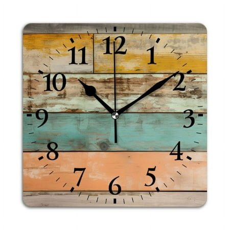 Non-Ticking Silent Wall Clocks Battery Operated Personalized Decor Clock for Living Room,Bedroom-Wooden Wall With Weathered Multi-Colored Wood Planks(10inch)