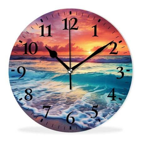 Non-Ticking Silent Wall Clocks Battery Operated Personalized Decor Clock with Photo for Bathroom-Ocean Wave Breaking on the Beach at Sunset Beautiful Natural Background(14inch)