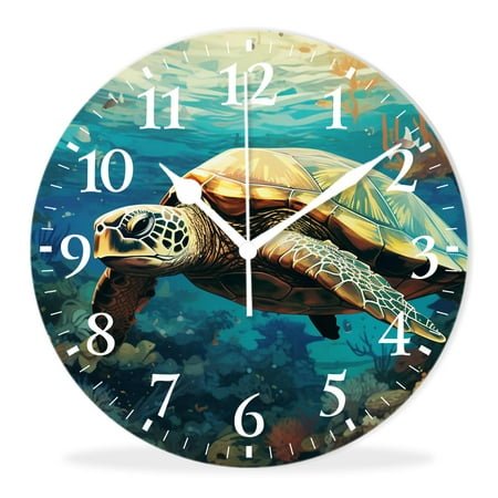 Non-Ticking Silent Wall Clocks Battery Operated Personalized Decor Clock with Photo for Bathroom-Green Sea Turtle Swim in the Sea(14inch)
