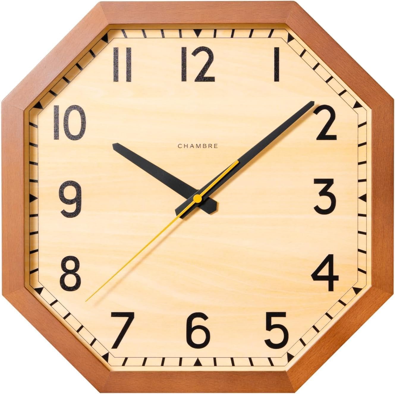 Octagon Wall Clock Japanese Handcrafted Solid Wood Clock Silent Non-Ticking Battery Operated Modern Decorative for Living Room Bedroom Office CH-054 (Brown)