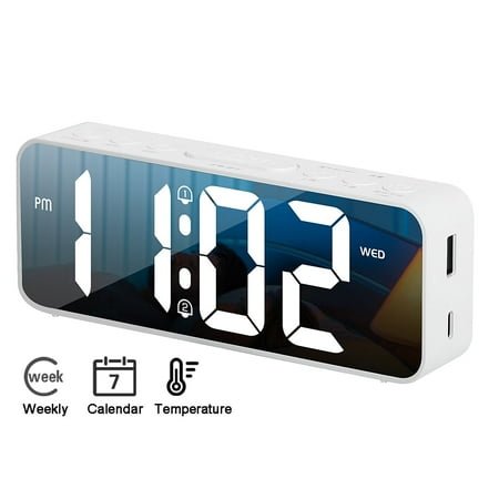 Onekawa 6.5 Digital Alarm Clock for Bederoom,Dimmer Desk Clock with Weekday Calendar & Temperature,Large Numbers LED Display,Adjustable Dual Alarm Volumes,12/24H, Snooze ,White