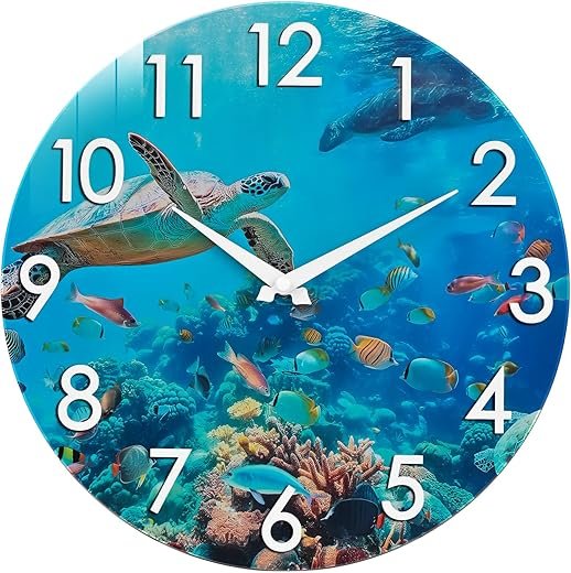 Outdoor Clock Waterproof - Nautical Ocean Decor Indoor Outdoor Wall Clocks for Patio Pool Garden Bathroom Home - Blue 12 Inch Glass, Sea Turtle Underwater Theme