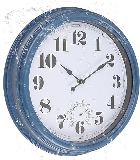 Outdoor Clock Waterproof 12 Inch Outdoor Clocks with Thermometer Combo Wall Clock Battery Operated Non-Ticking for Patio Pool Garden (Blue, 12Inch)