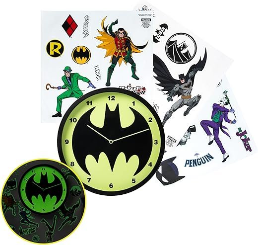 Paladone Batman Glow in The Dark Wall Clock with Decals, Officially Licensed DC Comics Superhero Home Décor for Kids, Teens and Adults, Battery Powered