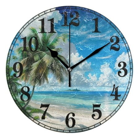 Palm Tree on Beach View Silent Wall Clock 10 Non-Ticking Battery Clock