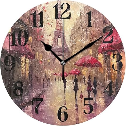 Paris Street Eiffel Tower Wall Clock Silent Non-Ticking Round Wall Clocks Decorative for Home Living Room Kitchen Office Bedroom 10 in