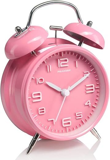 Peakeep 4 Inches Twin Bell Loud Alarm Clock for Heavy Sleepers Kids, Battery Operated Old Fashioned Alarm Clock (3D-Dial, Pink)