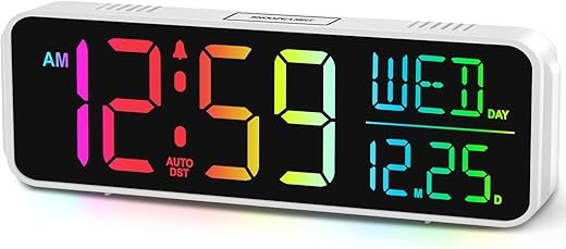 Peakeep Digital Alarm Clock for Bedrooms, Date Day of Week Large Display Numbers 6 Brightness Dimmer, 5 Volume Loud for Heavy Sleepers, 8 RGB Colors Electric Desk Clock Battery Backup, Auto DST