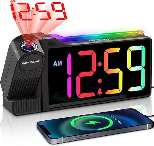 Peakeep Projection Alarm Clock for Bedroom Ceiling, Super Loud for Heavy Sleepers, Color Changing Nightlight Digital Clock Dimmable RGB Large Numbers, Plug in Bedside Electric Clock with USB Port
