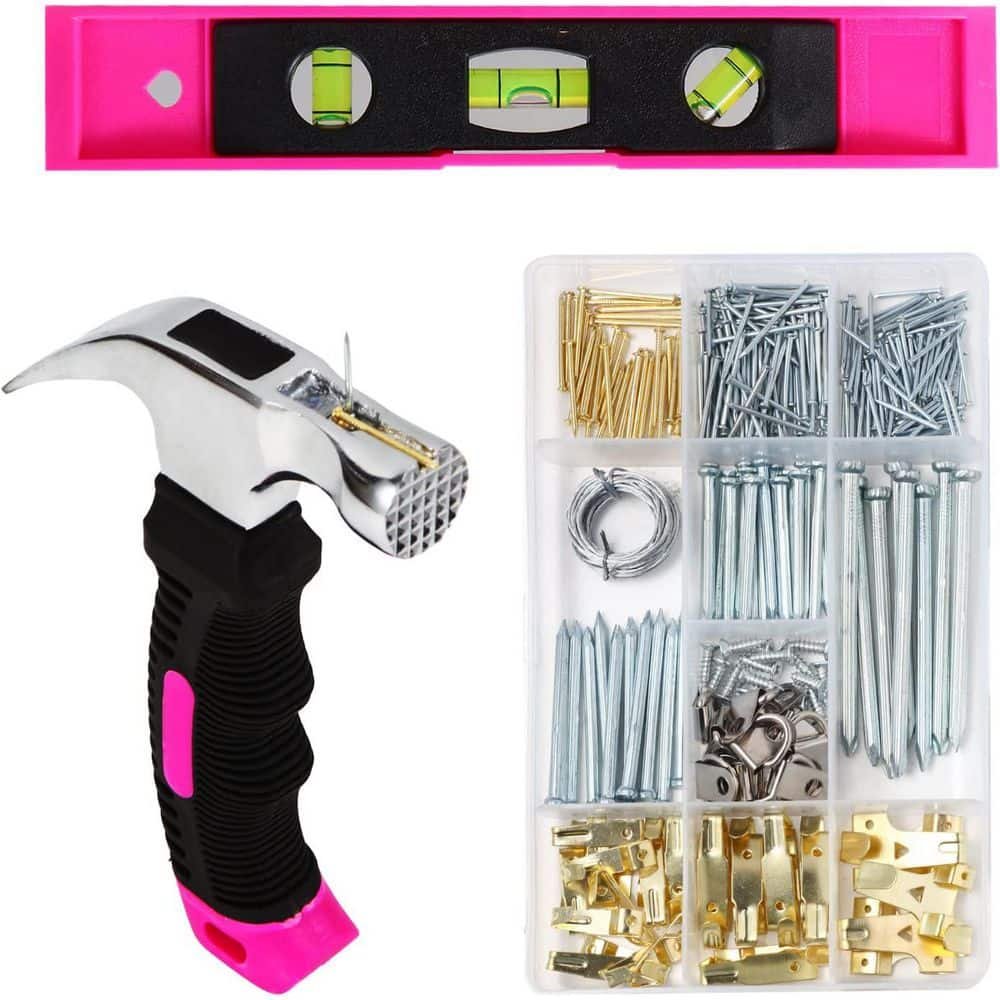 Pink Magnetic Picture Hanging Kit with Hooks, Wire, Nails, D Ring, Level...