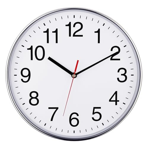Plumeet Extra Large Wall Clock - 16" Non Ticking Silent Quartz Black Wall Clocks - Simple Design Wall Clocks for Living Room Decor, Battery Operated, Chrome