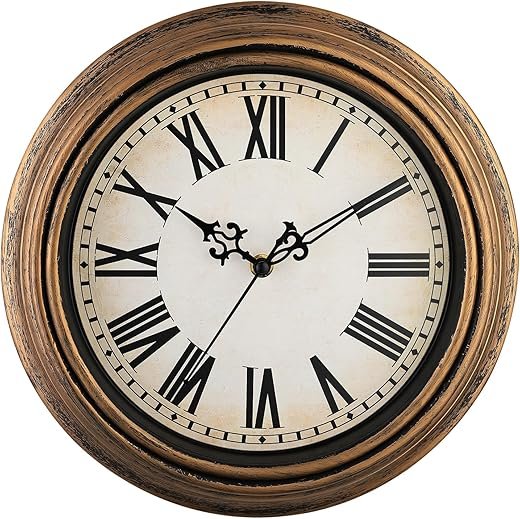 Plumeet Small Retro Wall Clock, 10'' Non Ticking Classic Silent Vintage Wall Clocks Decorative Kitchen Living Room Bedroom, Roman Numerals, Battery Operated