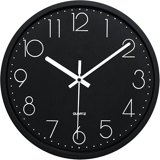 Plumeet Wall Clock, 12'' Bedroom Wall Clocks Battery Operated, Silent Quartz Clock Decorate Kitchen Living Room, 3D Numbers Display Easy to Read, Black