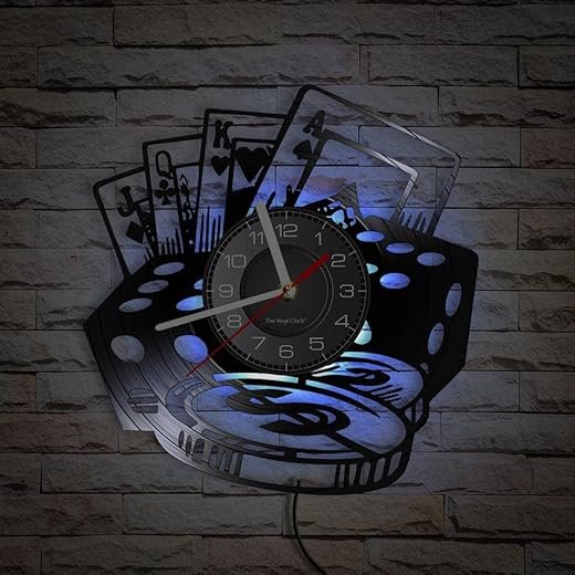Poker Dice Chip Gambling Inspired LED Luminous Vinyl Record Wall Clock with Color Changing Night Light Game Room Club Bar Interior Decor Casino Exclusive Gambler Wall Watch