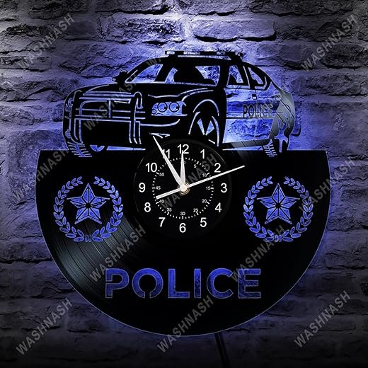 Police Car Vinyl Record Wall Clock – Silent Quartz Movement, Unique Wall Decor for Police Officers, Ideal Gift for Law Enforcement Fans
