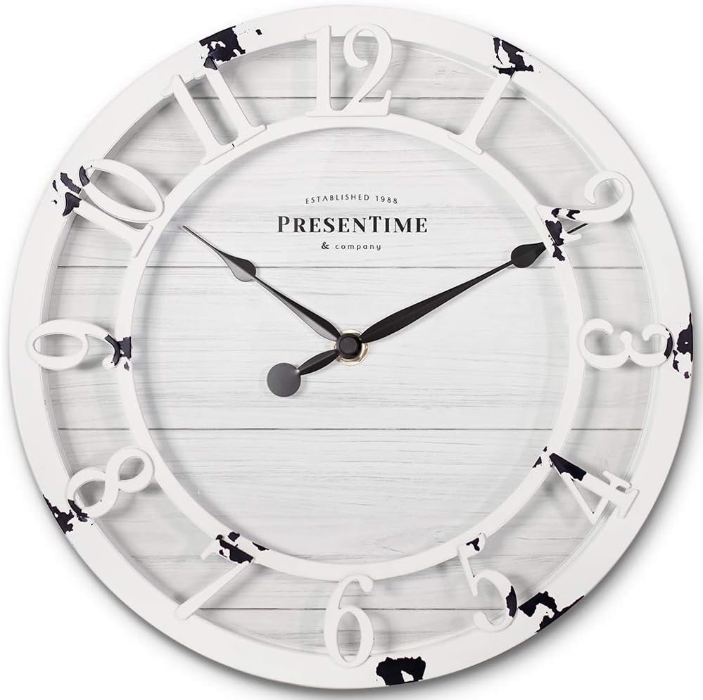 Presentime & Co 10 Farmhouse Series Wall Clock, Shiplap Style, Raised 3D Arabic Numeral, Antique Distressed White