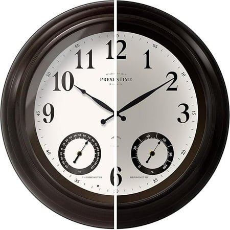 PresenTime & Co 24 Jameson Illuminated In/Outdoor Clock, Modern Farmhouse, Self-Illuminated, Waterproof, Weather Station (Thermometer & Hygrometer), Metal Clock, Oil Rubbed Bronze Finish(Night Light