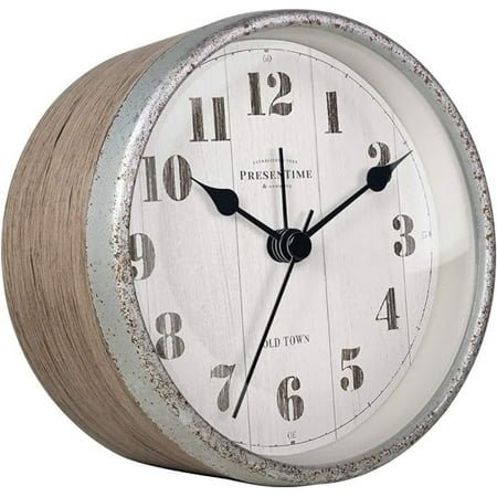 Presentime & Co 4 Farmhouse Tabletop Alarm Mantel Clock, Desk and Shelf Clock, Silent no Ticking, Light Grey Oak and Rusted Galvanized Finish. Tabletop Décor, Home Décor, Farmhouse Décor