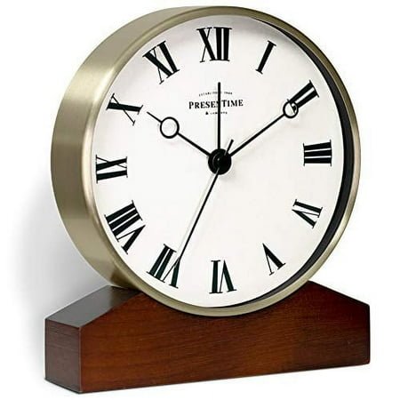 PresenTime Co Mozart Mantel Alarm Clock Tabletop Clock 6 x 5 5 inch Silent Wooden Base Walnut Finish Golden Color Roman Numeral