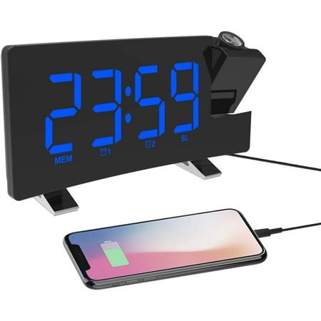Projection Clock, FM Radio Alarm Clock with USB Charger 5.5'' Large LED Display 2 Sounds for Heavey Sleeper 2 Alarm Setting 4 Level Adjustable Brightness(Green)