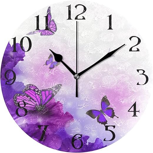 Purple Butterflies Wall Clock - Silent, Battery Operated, Floral, Non-Ticking, Decorative, 9.5 in Round Quartz Analog Clock for Kitchen, Bathroom, Bedroom