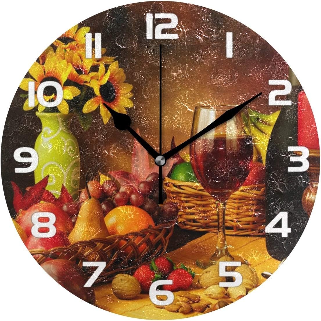 Qilmy Vintage Wine Wall Clock Silent Non Ticking Oil Painting Round Wall Clock for Living Room Kitchen Bedroom Dining Room