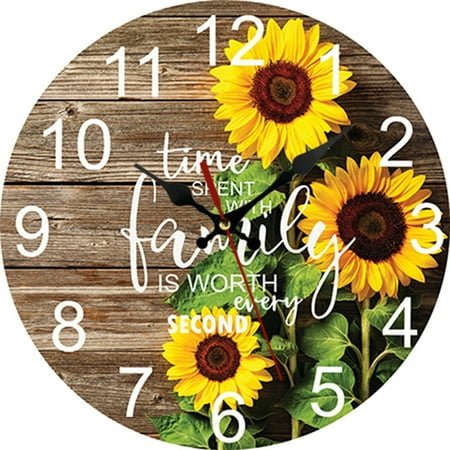 QKURT 10inch Round Wall Clocks, Wooden Silent Non Ticking Industrial Analog Clock for Kitchen Home Office Bedrooms Decor, Battery Operated, Sunflower