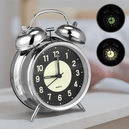 QKURT 4 inches Twin Bell Super Loud Alarm Clock Battery Operated, Silent Non-Ticking Quartz with Backlight, Luminous dial, Alarm Clocks for Bedrooms Bedside, Silver