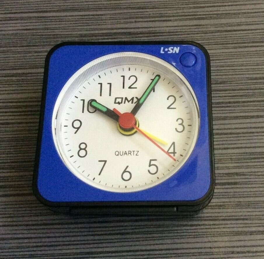 QMX Small Clock Blue Portable Desk Travel Alarm Easy Reader New!