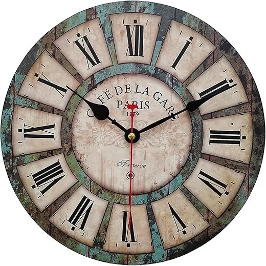 Qukueoy 14 Inch Silent Round Wooden Wall Clock Rustic Country Style, Battery Operated, Vintage Farmhouse Wall Decor for Living Room, Kitchen, Bedroom, Office