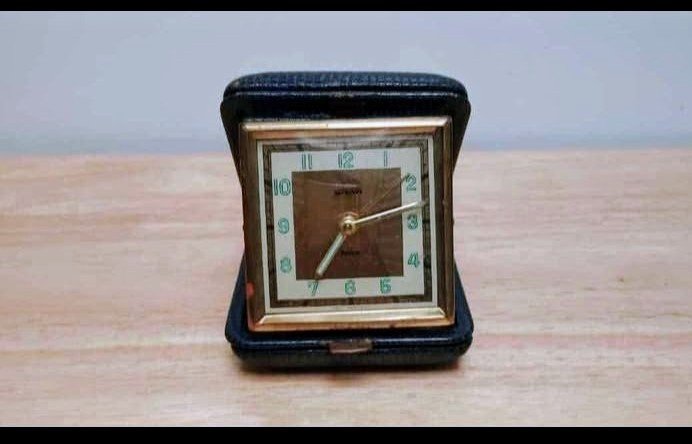 Rare Vintage Brass Heirloom Travel Alarm Clock West Germany Genuine Leather Case