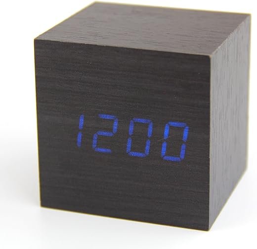 RayLineDo® Fashion Black Wood Cube Mini Blue LED Wooden Digital Alarm Clock -Time Temperature Date Display - Voice and Touch Activated